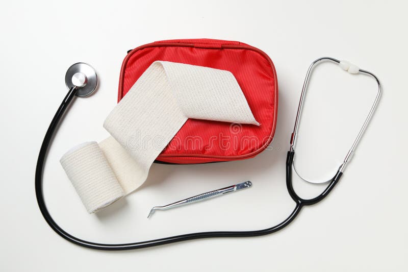 Concept of first aid kit, first aid kit supplies royalty free stock images