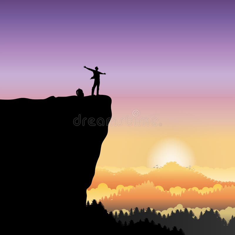 Silhouette of Happy Man Standing Raise Hand on Mountain Cliff Stock Vector  - Illustration of success, concept: 118617255