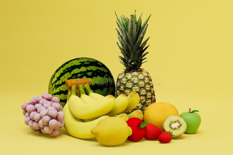 The Concept of a Fruit Diet. Many Different Fruits on a Yellow