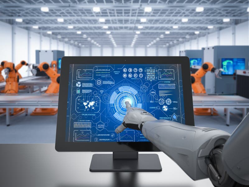 Concept fut? d'usine avec le fonctionnement de robot du rendu 3d avec l'ordinateur dans l'usine
