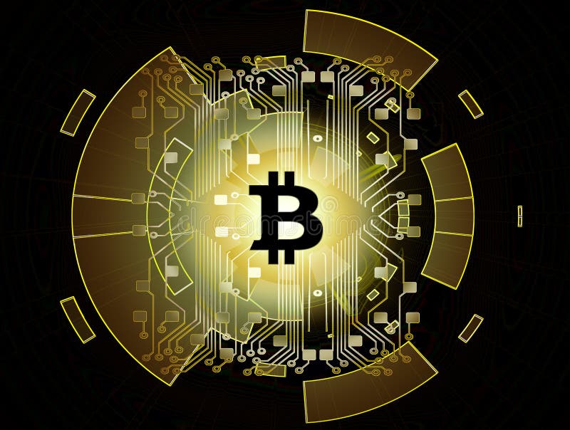 Concept futuristic de rețea pentru bani bitcoin gold cu linie de circuite pe harta mondială stock illustration