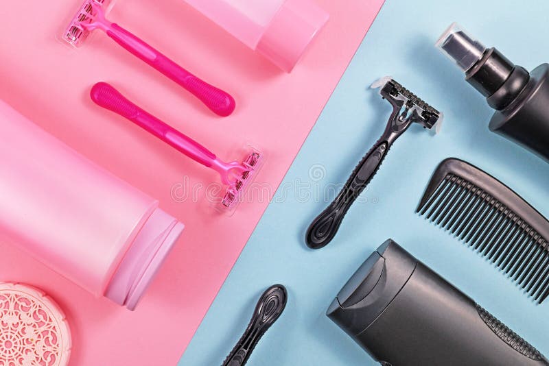 Concept for gender tax and stereotypes for products marketed. Toward women to be more expensive than those marketed for men with various pink and black hygiene stock images Concept for gender tax and stereotypes for products marketed. Toward women to be more expensive than those marketed for men with various pink and black hygiene stock images