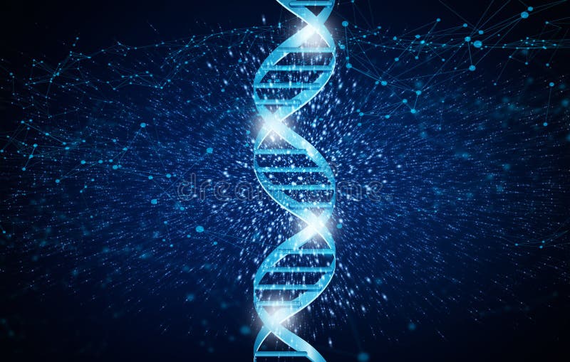 Genetics research concept. Luminous DNA helix structure over blue background, illustration. Panorama. Genetics research concept. Luminous DNA helix structure over blue background, illustration. Panorama