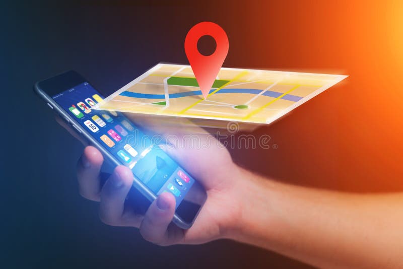 Concept of geographical localization on a map with a smartphone