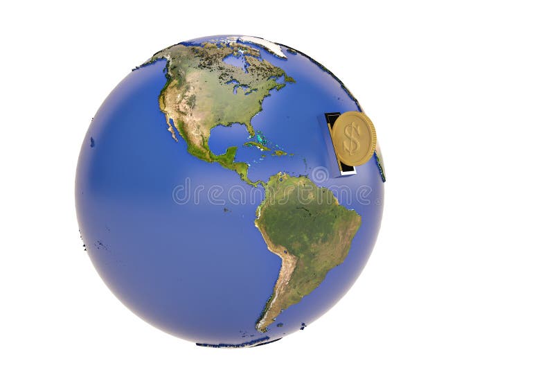 Concept global de finances de pièce d'or de la terre et illustration 3D