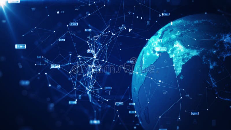 concept of global internet network connection technology. The world on the right has a binary code polygon and a small icon on a