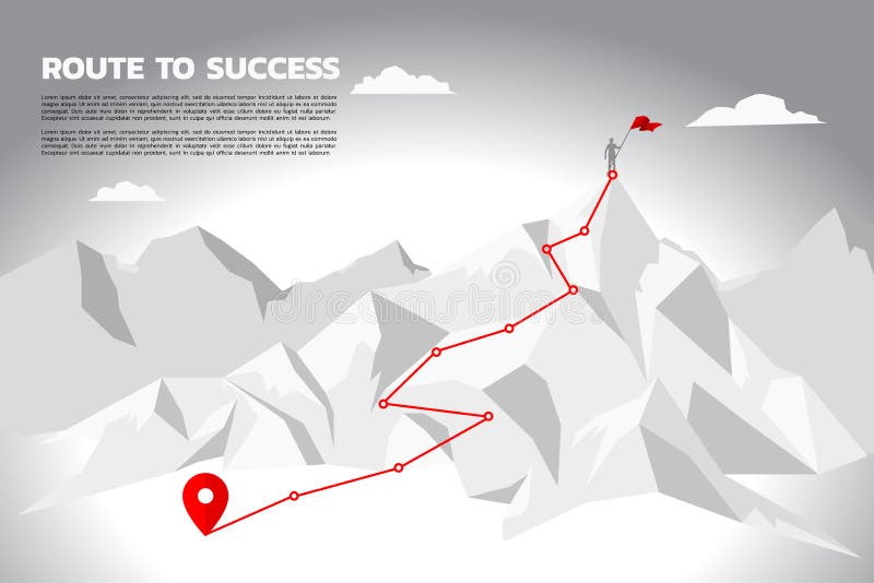 Route to success. silhouette of businessman with the red flag standing on the top of mountain. stock illustration Route to success. silhouette of businessman with the red flag standing on the top of mountain. stock illustration