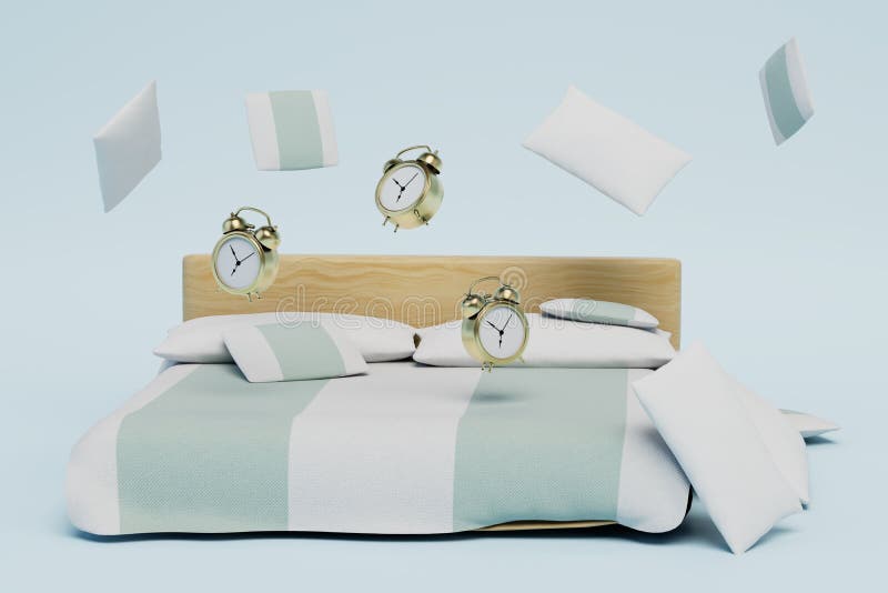 The Concept of Good Morning. Alarm Clocks on the Bed and Pillows Flying