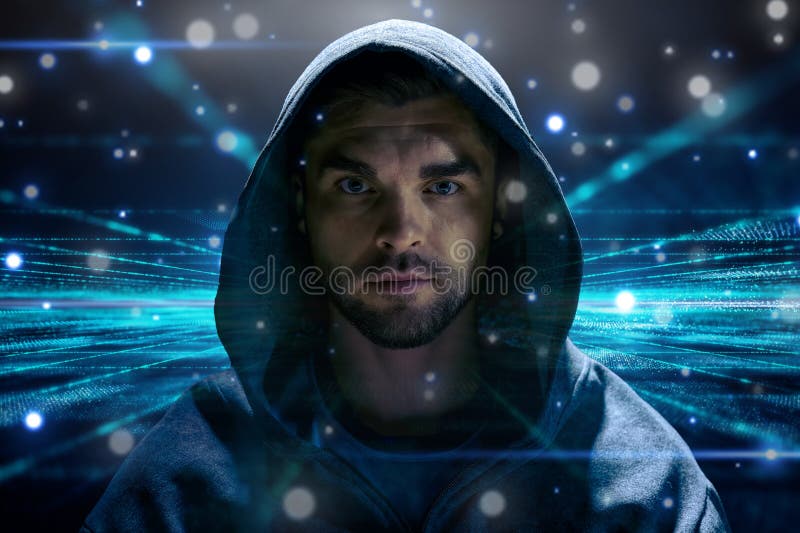 concept. Hacker inside a virtual worlds room with Futuristic background technology