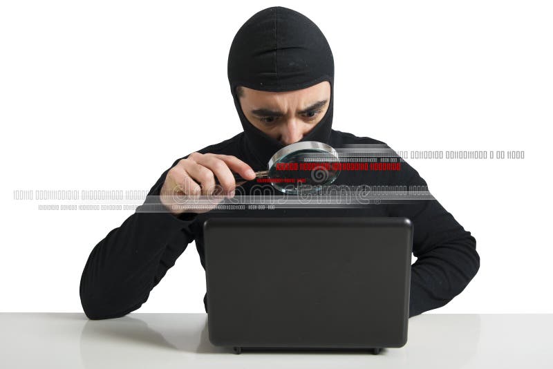 Concept of hacker at work with lens