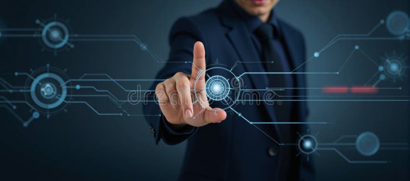 Hand on hightech network symbolizing cuttingedge business with AI science vector illustration