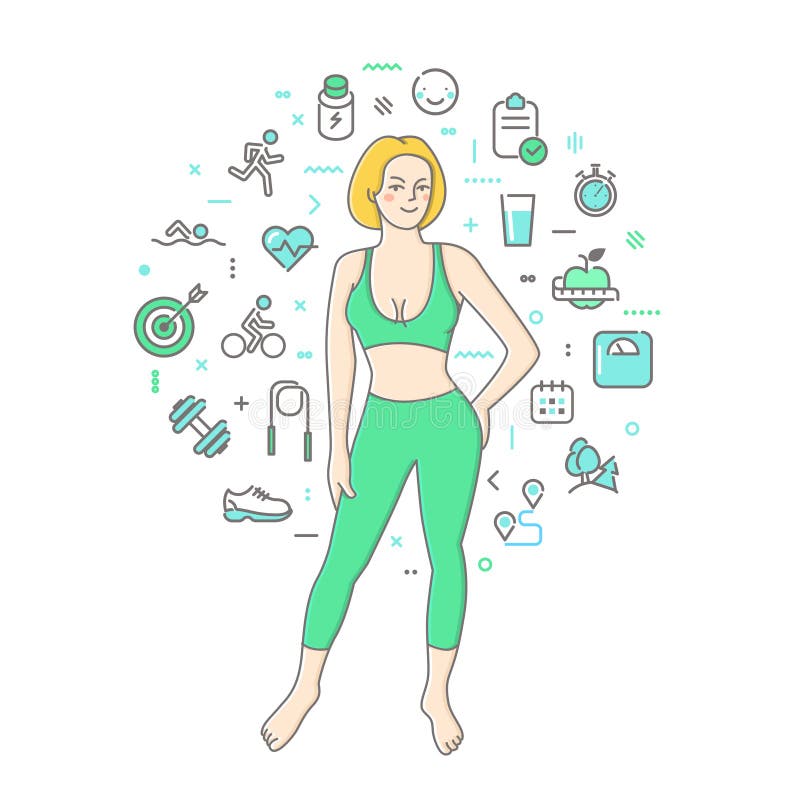 Схема здоровый человек. Лайфстайл иллюстрация. ЗОЖ арт. Здоровый образ жизни вектор девушка. Фитнес инфографика.