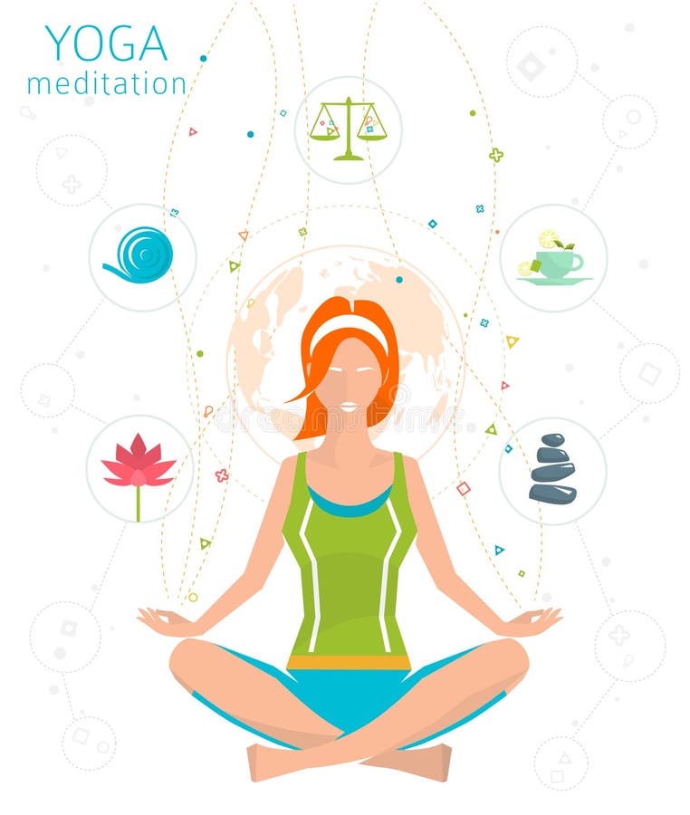 Concept of healthy lifestyle / young woman practices yoga / yoga meditation / Sukhasana / Easy pose / vector illustration / flat style