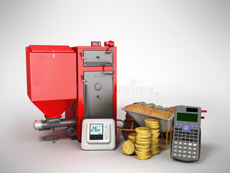 Concept heating with solid boiler pallets 3d rendering on a gray royalty free illustration Concept heating with solid boiler pallets 3d rendering on a gray royalty free illustration