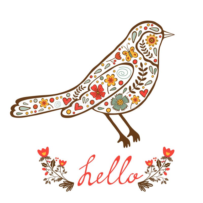 Concept hello card with floral decorative bird. vector illustration