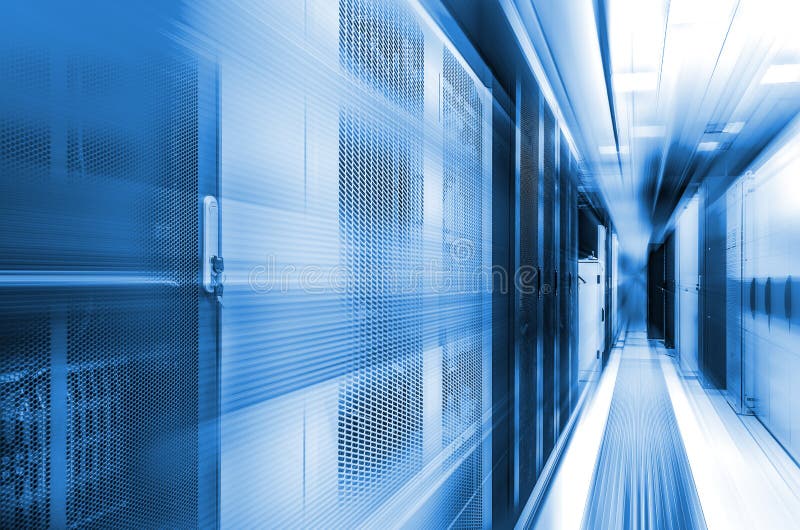 Concept of high-speed computing of modern computing technologies and data centers. Server room with flow tracers on top royalty free stock photography