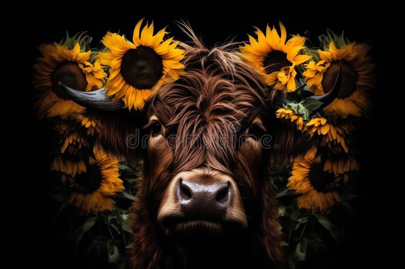 Highland Cow Face with Many Various Sunflowers. Generative AI Stock