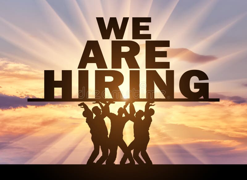 Concept of Hiring. Silhouette of a Group of People Hold Text Ad, we are Hiring Stock Image