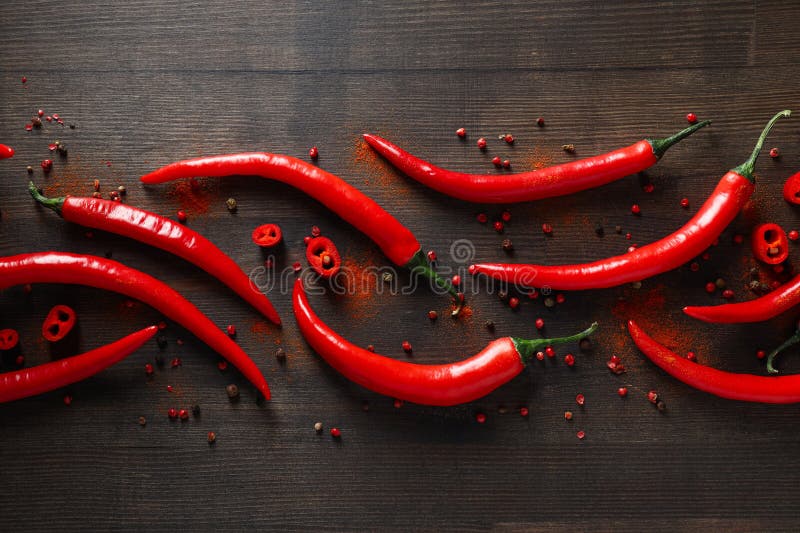 Concept of Hot and Spicy Ingredients Red Hot Chili Pepper Stock Photo