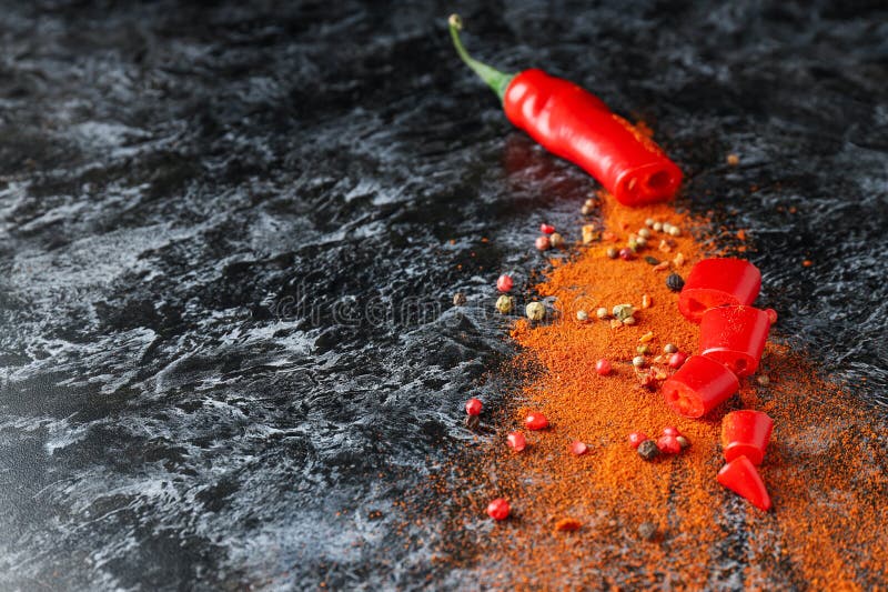 Concept of Hot and Spicy Ingredients Red Hot Chili Pepper Stock Image