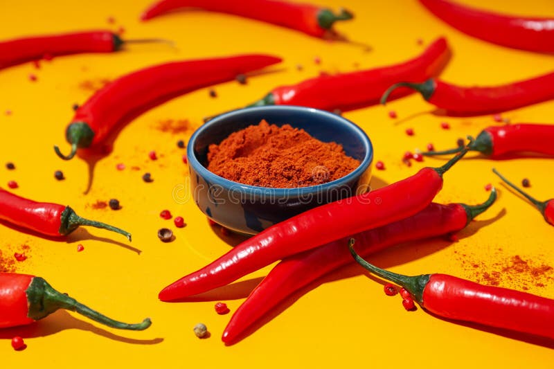 Concept of Hot and Spicy Ingredients Red Hot Chili Pepper Stock Photo