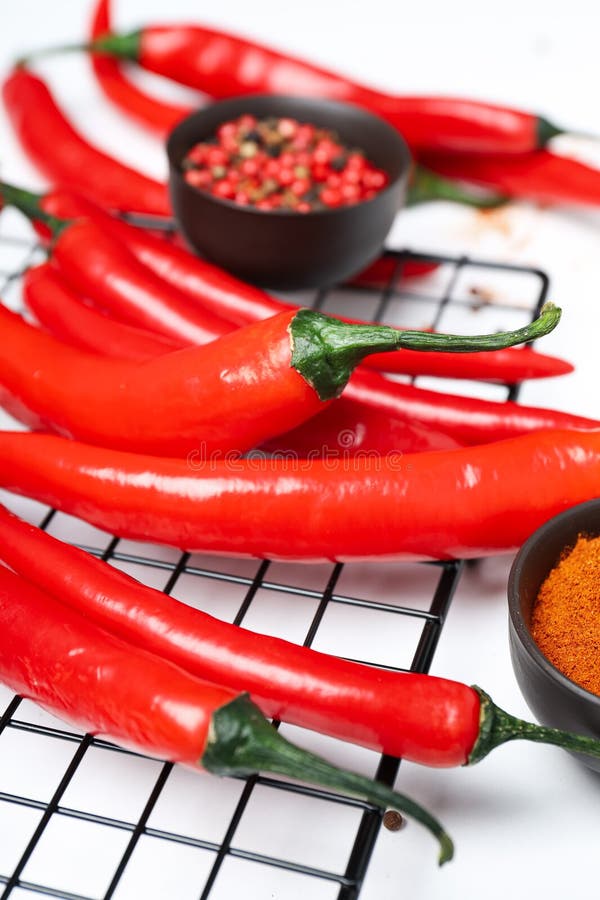 Concept of Hot and Spicy Ingredients Red Hot Chili Pepper Stock Photo