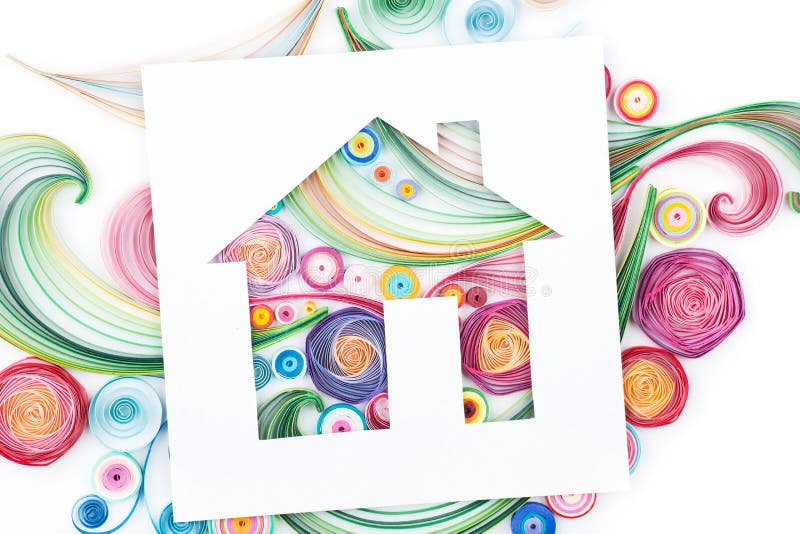 Concept of House on Colorful Paper Made with Quilling Technique Stock
