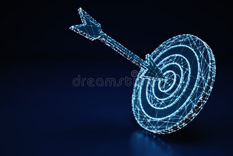Concept of an illuminated wireframe digital arrow hit in the center a bullseye on dark blue background. 3D Rendering stock illustration