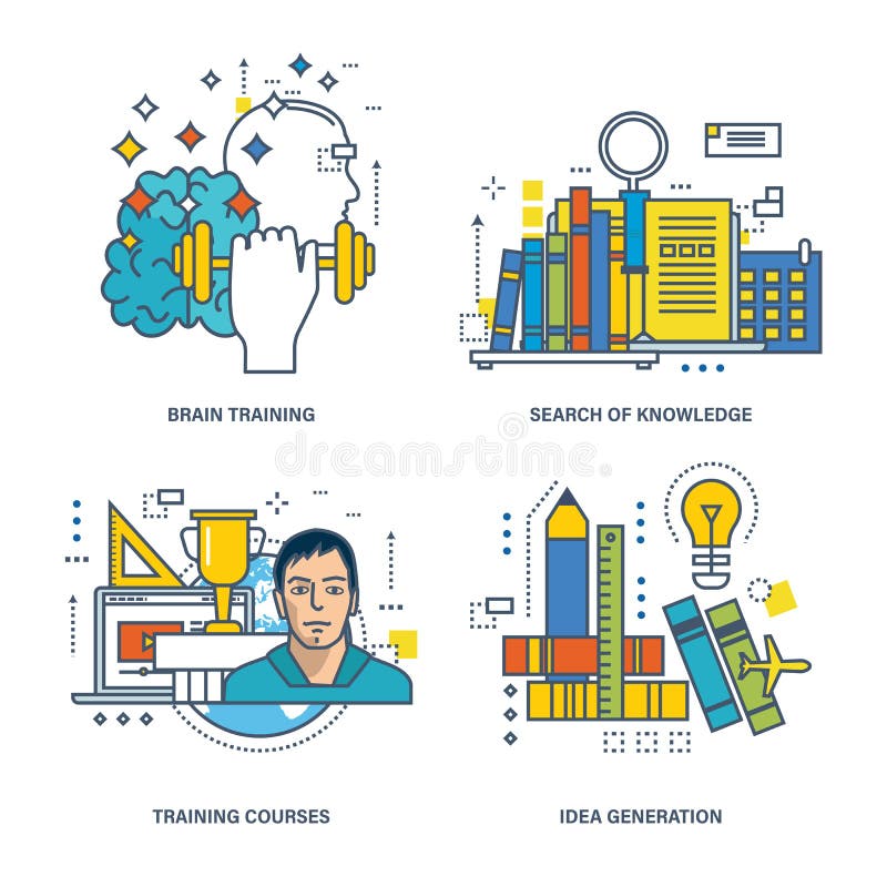 Concept illustration - search of knowledge, brain training, idea generation stock illustration