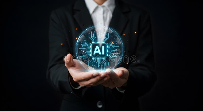 Artificial intelligence ai technology concept in hands of business person innovation future royalty free illustration.