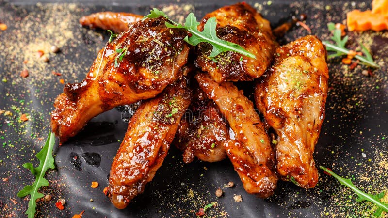 The concept of Indian cuisine. Baked chicken wings and legs in honey mustard sauce. Serving dishes in the restaurant on a black