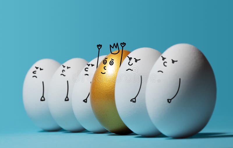 Concept of individuality, exclusivity, better choice and winning. A smiling golden egg with a crown among angry and sad white eggs on blue background. Eggs with funny drawn faces. Concept of individuality, exclusivity, better choice and winning. A smiling golden egg with a crown among angry and sad white eggs on blue background. Eggs with funny drawn faces.