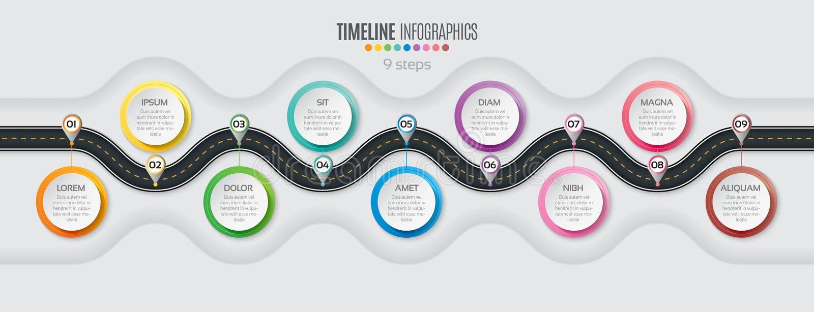 Concept infographic de chronologie de 9 étapes de carte de navigation Enroulement roa Concept infographic de chronologie de 9 étapes de carte de navigation Enroulement roa