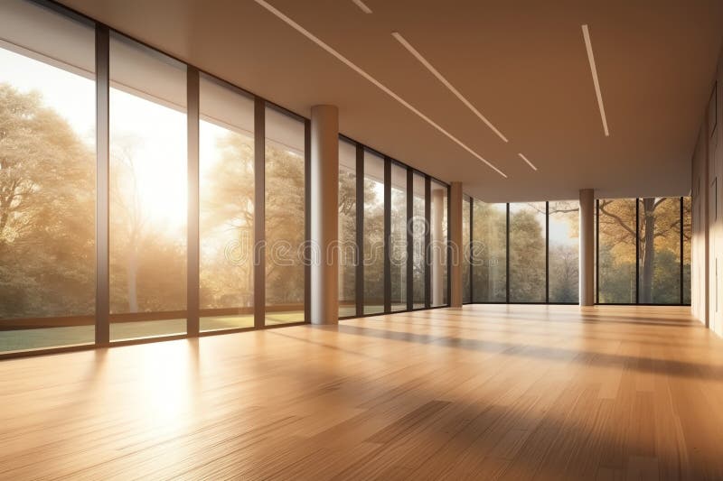 Interior of Modern Empty Hall Open Space with Large Window and Hardwood