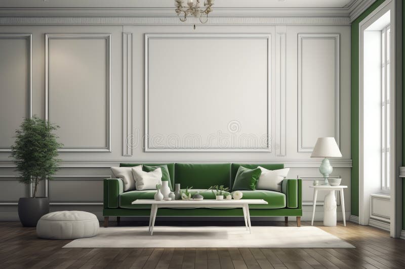 Interior with White Sofa and Green Pillows. Generative AI Stock