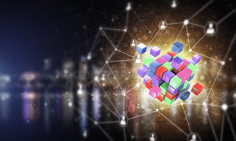 Concept of Internet and networking with digital cube figure on d. Conceptual background image with cube figure and social connection lines. Mixed media
