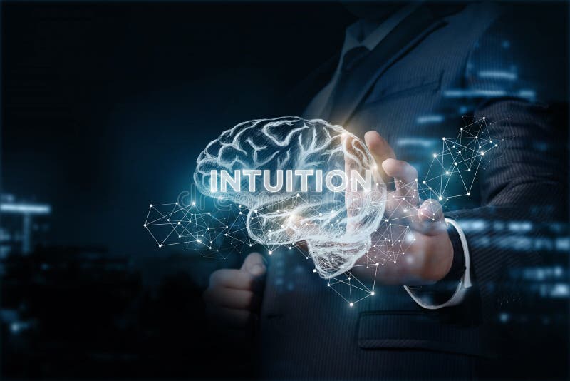 Concept intuition in business. Businessman shows a brain with the inscription Intuition. Concept intuition in business. Businessman shows a brain with the inscription Intuition