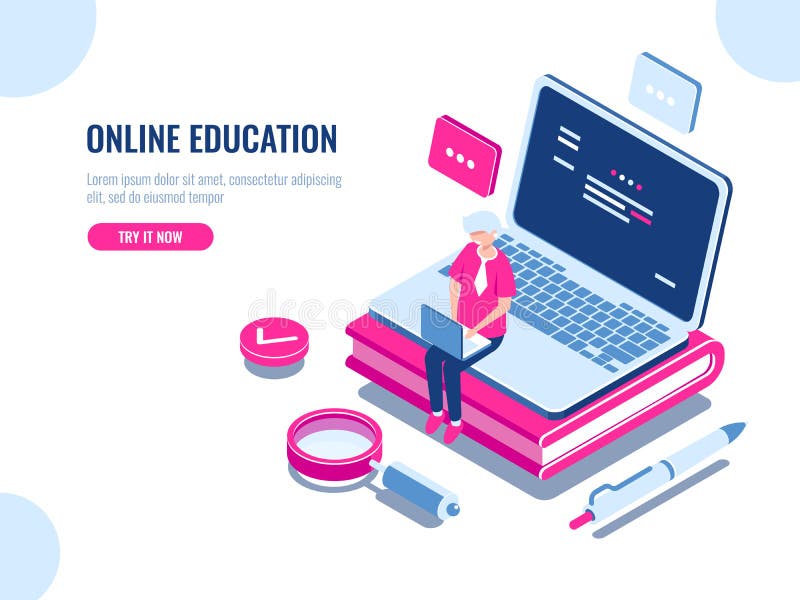 Concept isométrique d'éducation en ligne, ordinateur portable sur le livre, cours d'Internet pour apprendre sur la maison, jeune