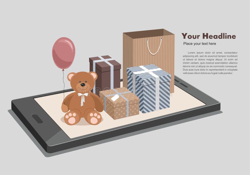 Concept isométrique de achat en ligne mobile Teddy Bear et cadeaux clorful au téléphone illustration de vecteur Concept isométrique de achat en ligne mobile Teddy Bear et cadeaux clorful au téléphone illustration de vecteur