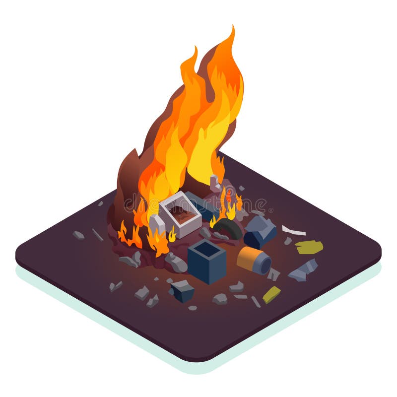 Air pollution isometric concept with burning waste 3d vector illustration. Air pollution isometric concept with burning waste 3d vector illustration