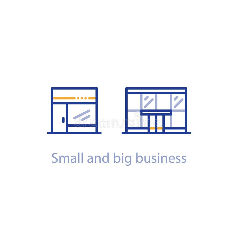 Concept kleine en grote bedrijfsvergelijking, winkel en de bureaubouw vector illustratie Concept kleine en grote bedrijfsvergelijking, winkel en de bureaubouw vector illustratie