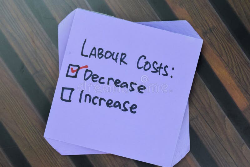 Concept of Labour Costs. Decrease or Increase write on sticky notes isolated on Wooden Table. Paper decrease text stock images, royalty-free photos and pictures