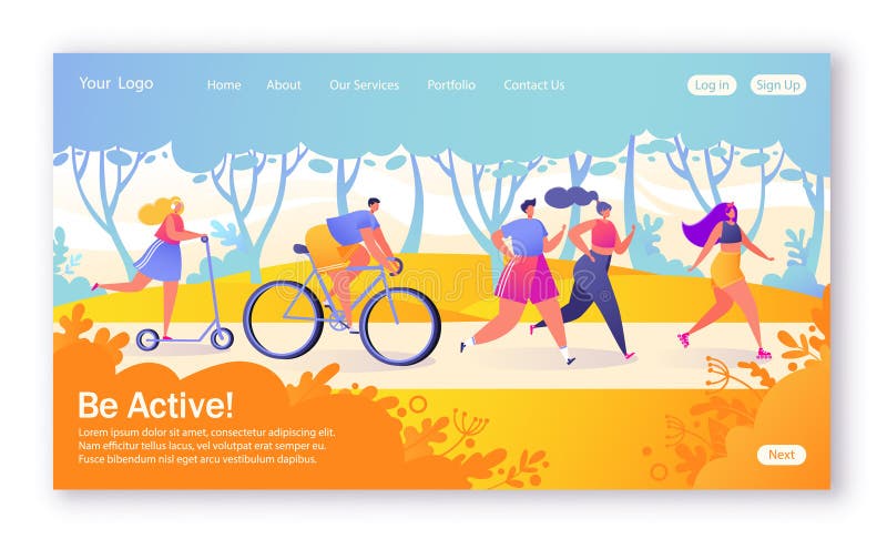 Concept landingspagina op gezond levensstijlthema Actieve mensensporten Gelukkige karakters die fiets, het couplerunning, vrouw b royalty-vrije illustratie Concept landingspagina op gezond levensstijlthema Actieve mensensporten Gelukkige karakters die fiets, het couplerunning, vrouw b royalty-vrije illustratie