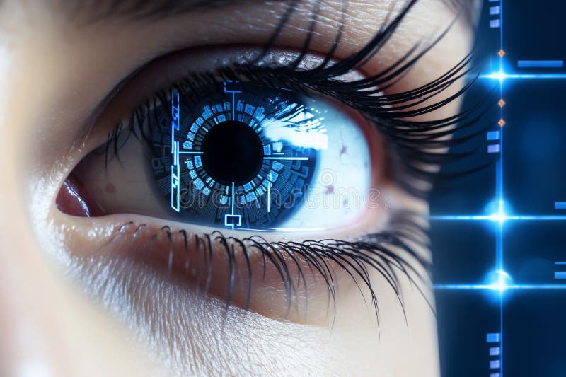 Concept of laser eye surgery for glaucoma: Close-up of eye with reticle or target overlay, also useful for conveying Lasik procedures. High quality photo AI generated