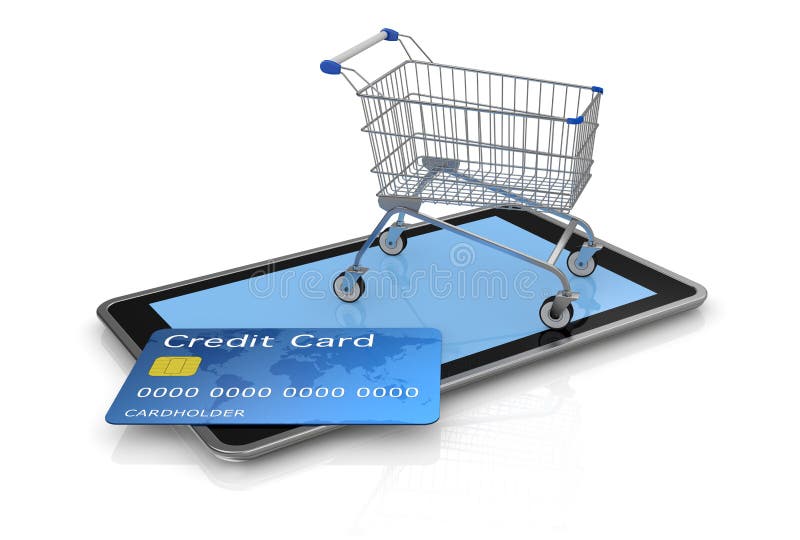 Tablet pc with a credit card and a shopping cart (3d render). Shopping cart credit card illustrations