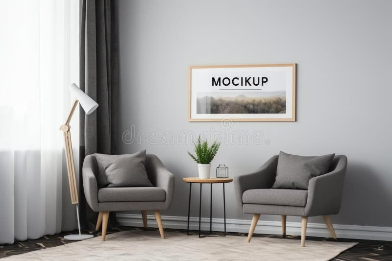 Living Room Interior with Picture Frame Mockup. Generative AI Stock
