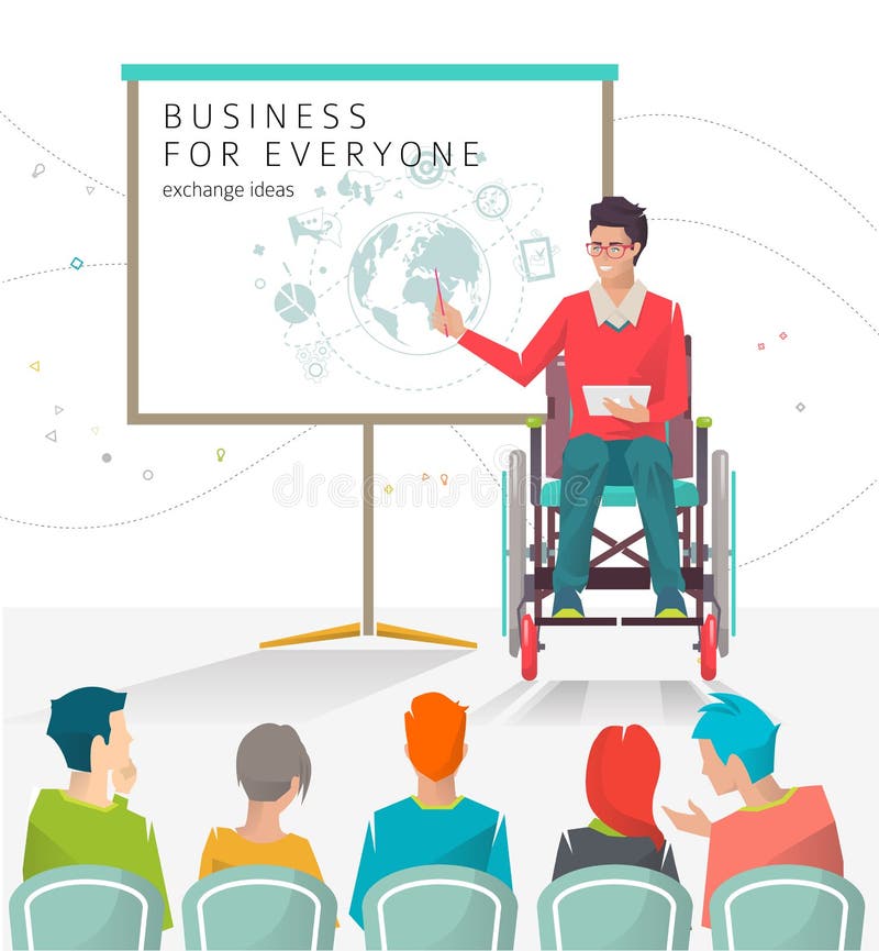 Concept of man with disabilities holding presentation.