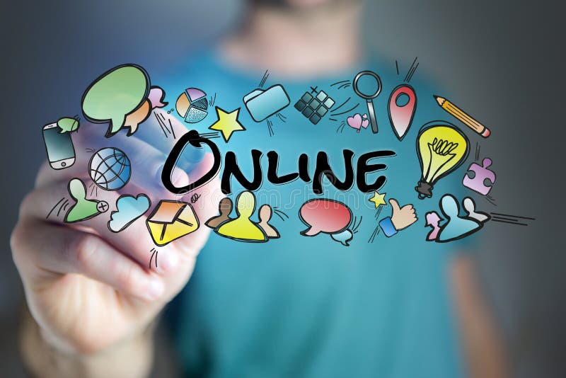 Concept of Man Drawing Online Title and Multimedia Icons Flying Stock
