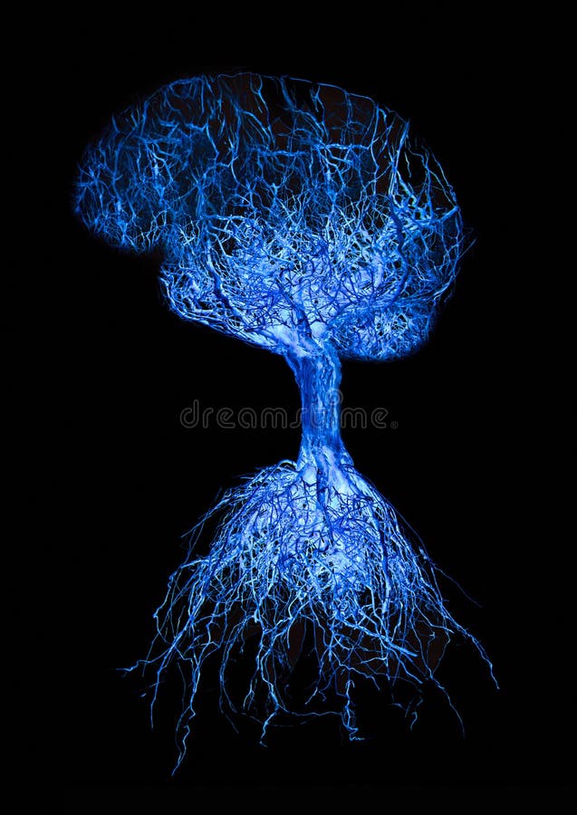 Concept menselijk brein met blauwe gloeiende verbinding gemaakt van wortels op zwarte achtergrond