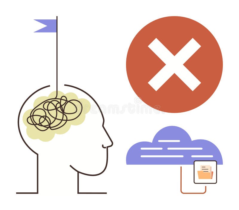 Human head with tangled brain, cloud storage, error cross, and a file folder. Ideal for psychology, failure, mistake, disconnection digital error mental health simplicity. Modern flat metaphor. Brain disconnect vectors